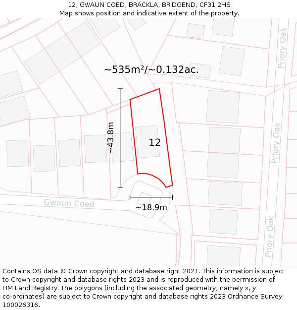12, GWAUN COED, BRACKLA, BRIDGEND, CF31 2HS: Plot and title map
