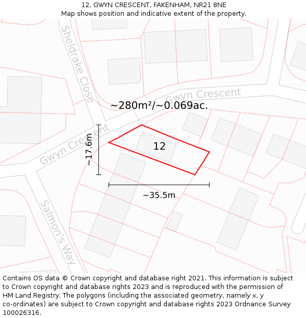 12, GWYN CRESCENT, FAKENHAM, NR21 8NE: Plot and title map