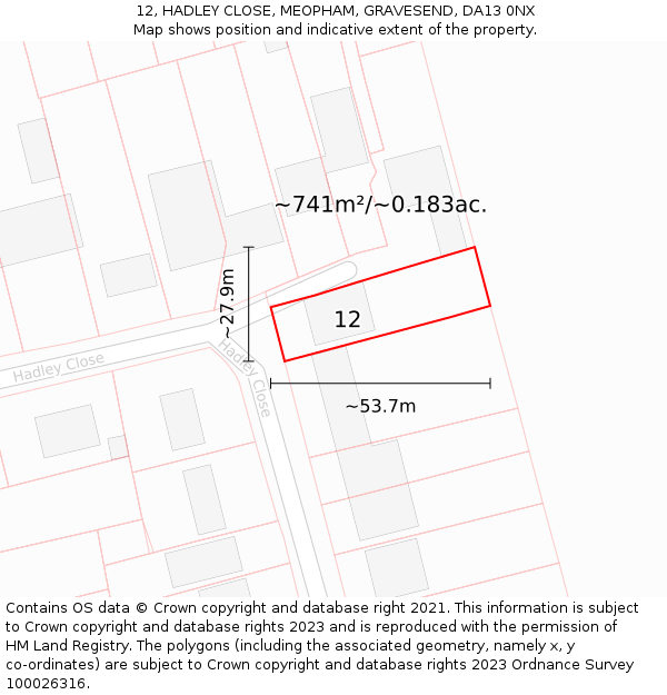 12, HADLEY CLOSE, MEOPHAM, GRAVESEND, DA13 0NX: Plot and title map