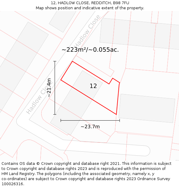 12, HADLOW CLOSE, REDDITCH, B98 7FU: Plot and title map