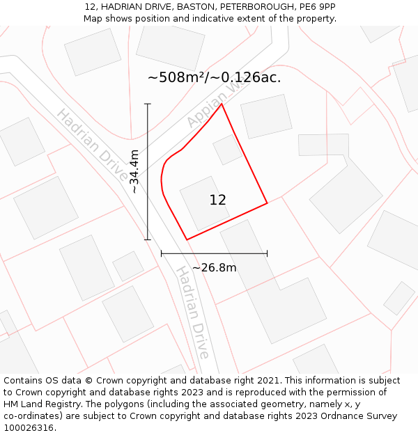 12, HADRIAN DRIVE, BASTON, PETERBOROUGH, PE6 9PP: Plot and title map