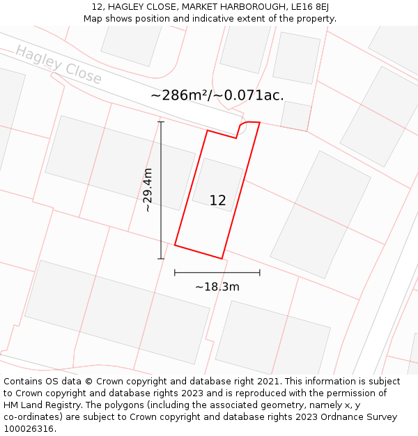 12, HAGLEY CLOSE, MARKET HARBOROUGH, LE16 8EJ: Plot and title map