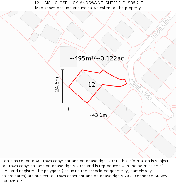 12, HAIGH CLOSE, HOYLANDSWAINE, SHEFFIELD, S36 7LF: Plot and title map