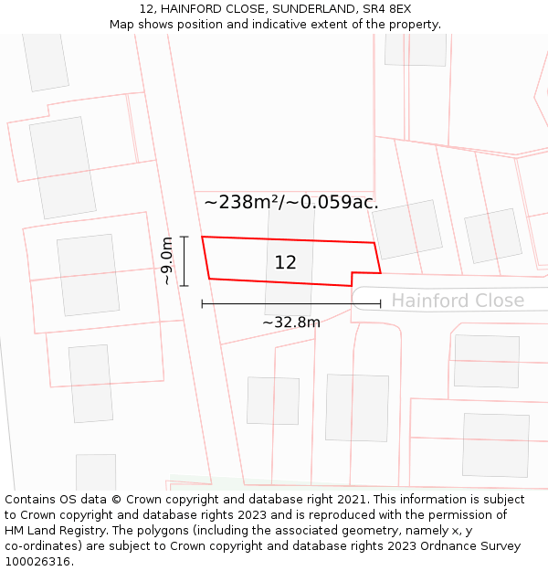 12, HAINFORD CLOSE, SUNDERLAND, SR4 8EX: Plot and title map