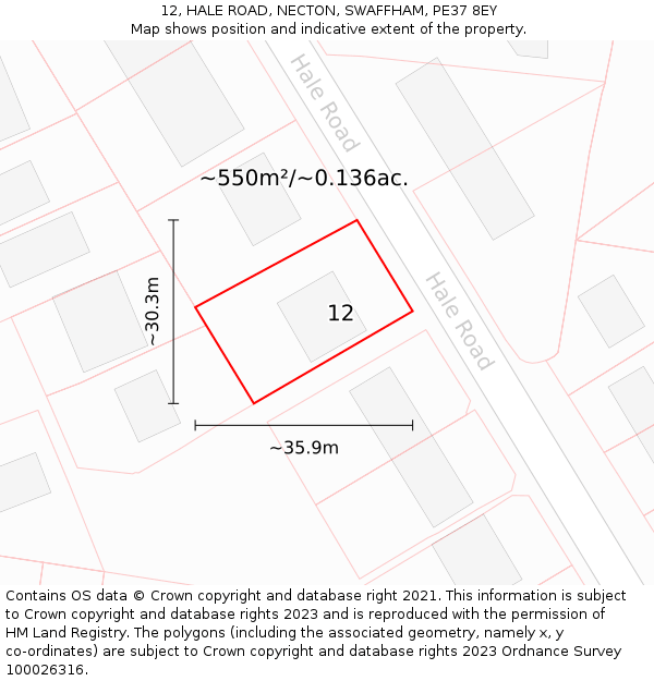 12, HALE ROAD, NECTON, SWAFFHAM, PE37 8EY: Plot and title map