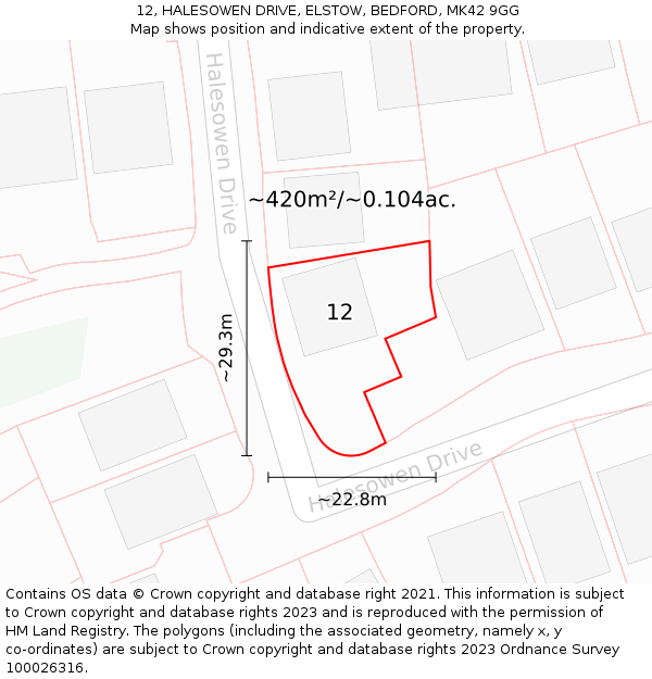 12, HALESOWEN DRIVE, ELSTOW, BEDFORD, MK42 9GG: Plot and title map