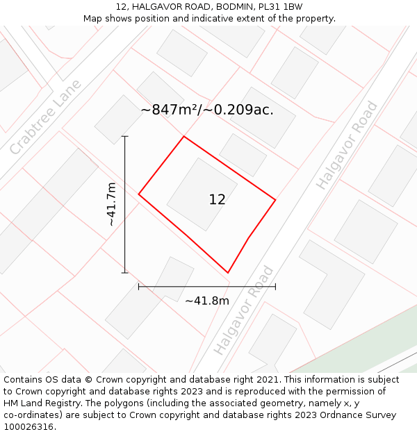 12, HALGAVOR ROAD, BODMIN, PL31 1BW: Plot and title map