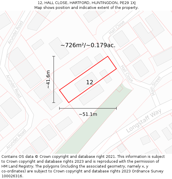 12, HALL CLOSE, HARTFORD, HUNTINGDON, PE29 1XJ: Plot and title map