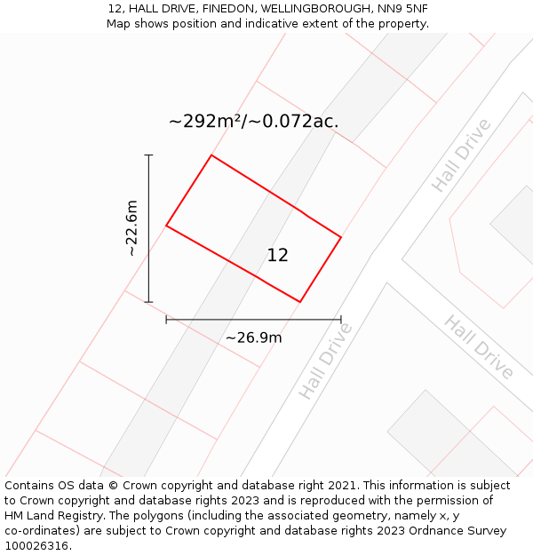 12, HALL DRIVE, FINEDON, WELLINGBOROUGH, NN9 5NF: Plot and title map