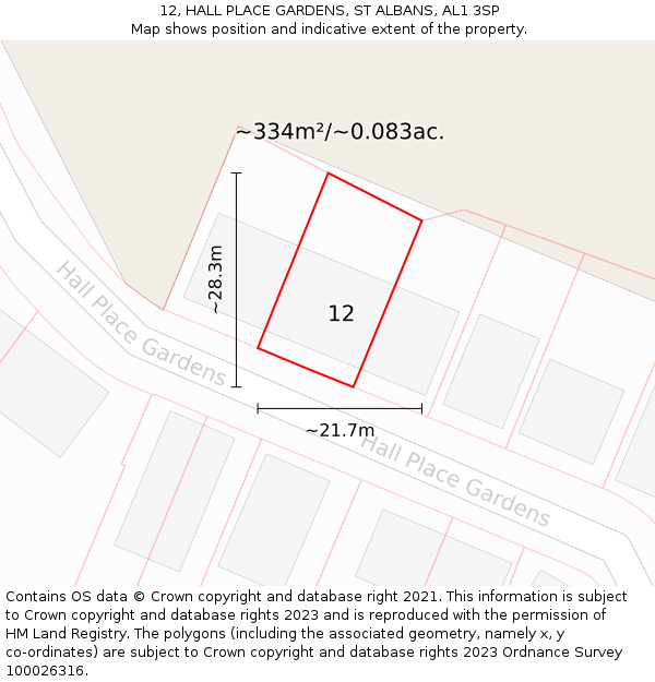 12, HALL PLACE GARDENS, ST ALBANS, AL1 3SP: Plot and title map