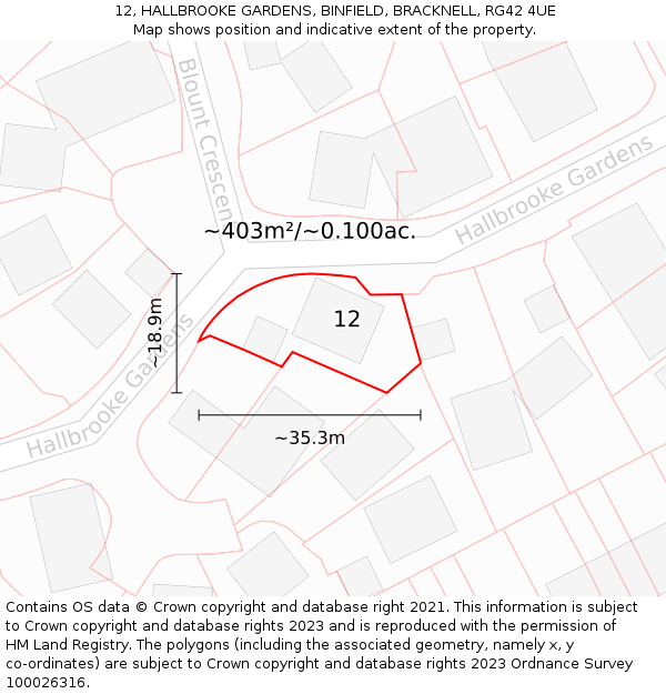12, HALLBROOKE GARDENS, BINFIELD, BRACKNELL, RG42 4UE: Plot and title map