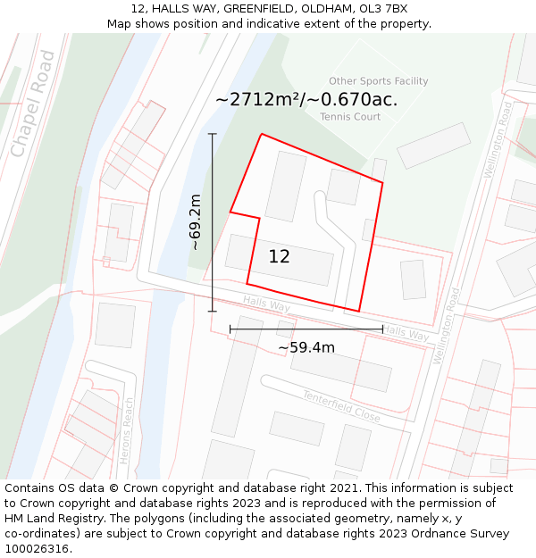 12, HALLS WAY, GREENFIELD, OLDHAM, OL3 7BX: Plot and title map