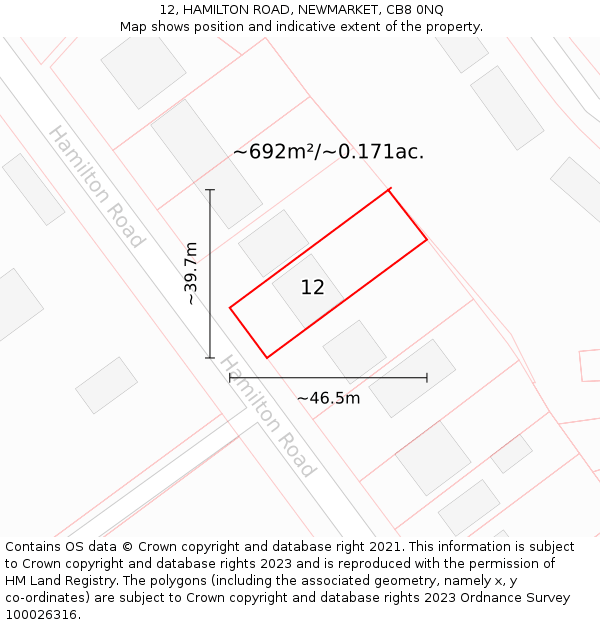 12, HAMILTON ROAD, NEWMARKET, CB8 0NQ: Plot and title map