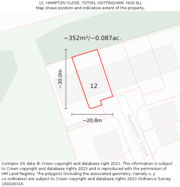 12, HAMPTON CLOSE, TOTON, NOTTINGHAM, NG9 6LL: Plot and title map