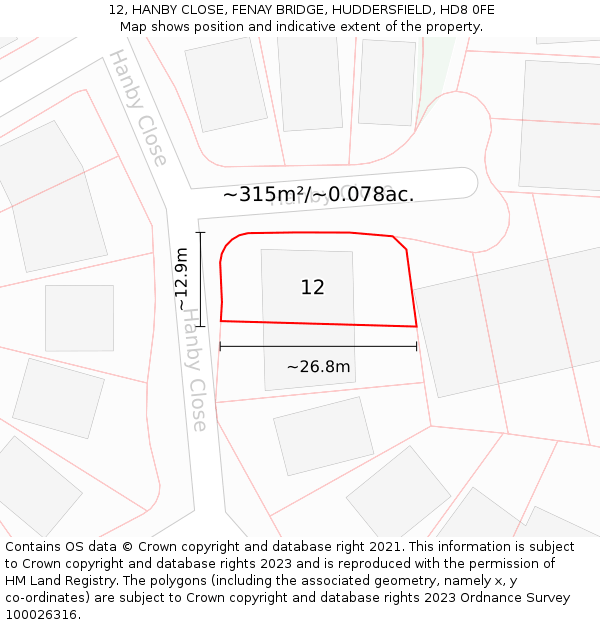 12, HANBY CLOSE, FENAY BRIDGE, HUDDERSFIELD, HD8 0FE: Plot and title map