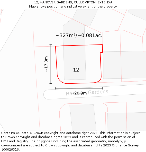12, HANOVER GARDENS, CULLOMPTON, EX15 1XA: Plot and title map