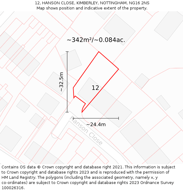 12, HANSON CLOSE, KIMBERLEY, NOTTINGHAM, NG16 2NS: Plot and title map