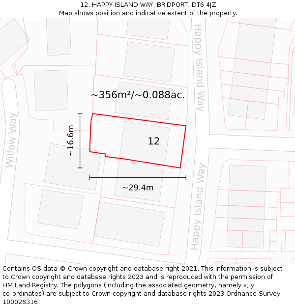 12, HAPPY ISLAND WAY, BRIDPORT, DT6 4JZ: Plot and title map