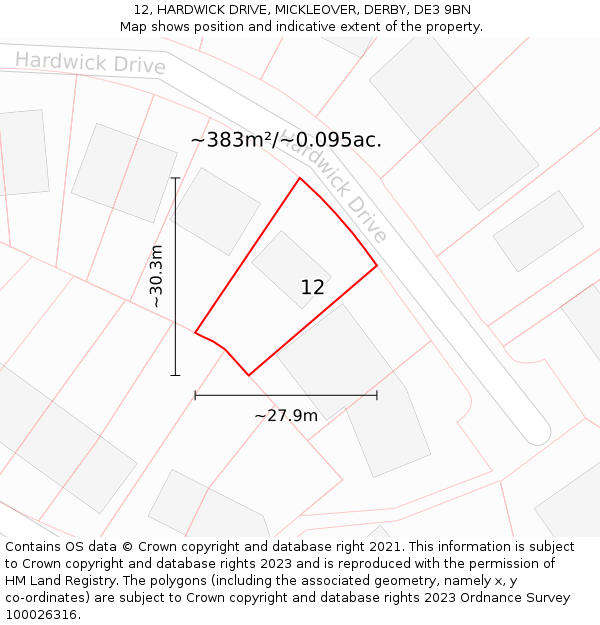 12, HARDWICK DRIVE, MICKLEOVER, DERBY, DE3 9BN: Plot and title map