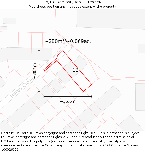 12, HARDY CLOSE, BOOTLE, L20 6GN: Plot and title map