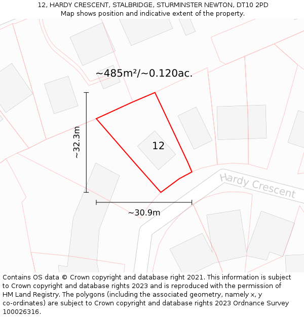 12, HARDY CRESCENT, STALBRIDGE, STURMINSTER NEWTON, DT10 2PD: Plot and title map
