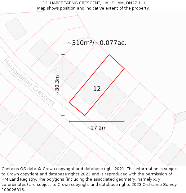 12, HAREBEATING CRESCENT, HAILSHAM, BN27 1JH: Plot and title map