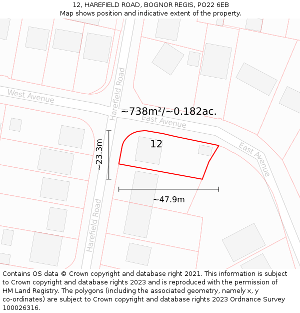 12, HAREFIELD ROAD, BOGNOR REGIS, PO22 6EB: Plot and title map
