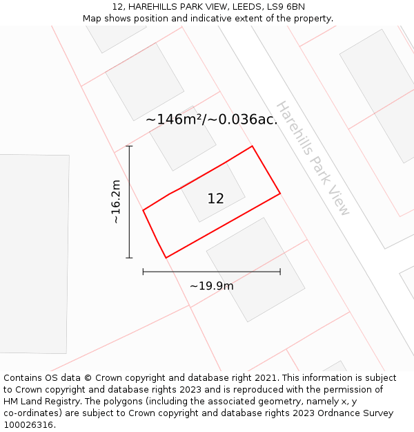 12, HAREHILLS PARK VIEW, LEEDS, LS9 6BN: Plot and title map