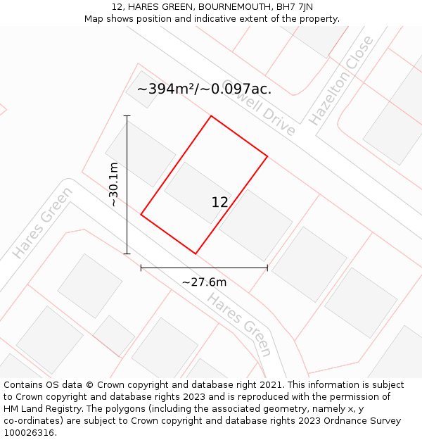 12, HARES GREEN, BOURNEMOUTH, BH7 7JN: Plot and title map