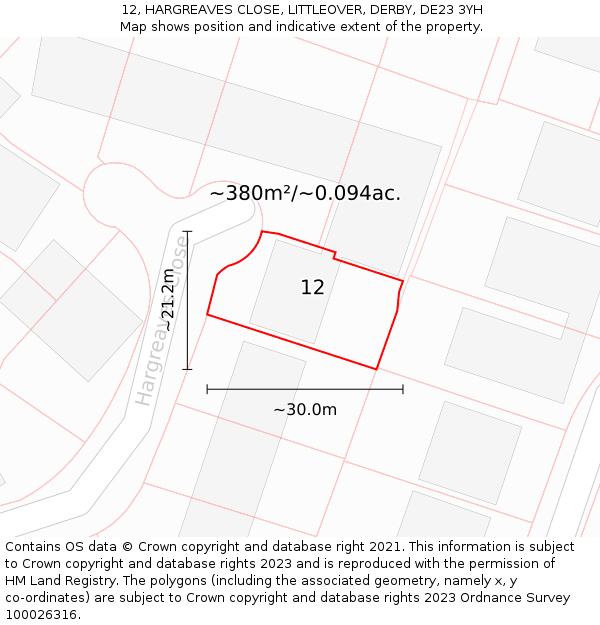 12, HARGREAVES CLOSE, LITTLEOVER, DERBY, DE23 3YH: Plot and title map