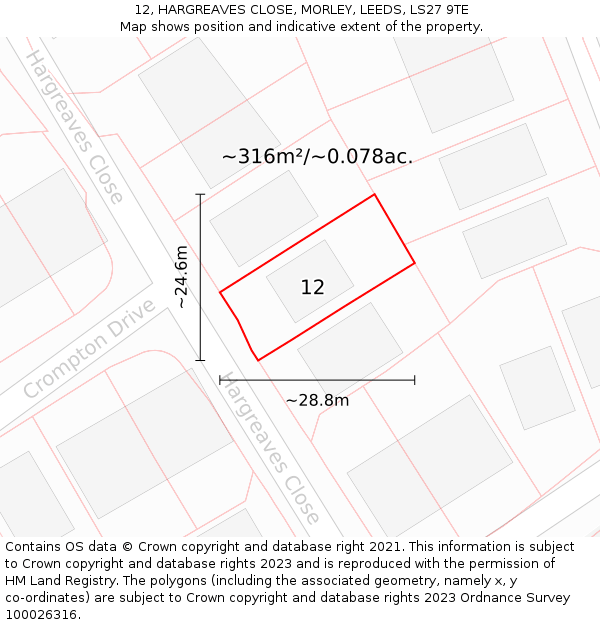 12, HARGREAVES CLOSE, MORLEY, LEEDS, LS27 9TE: Plot and title map