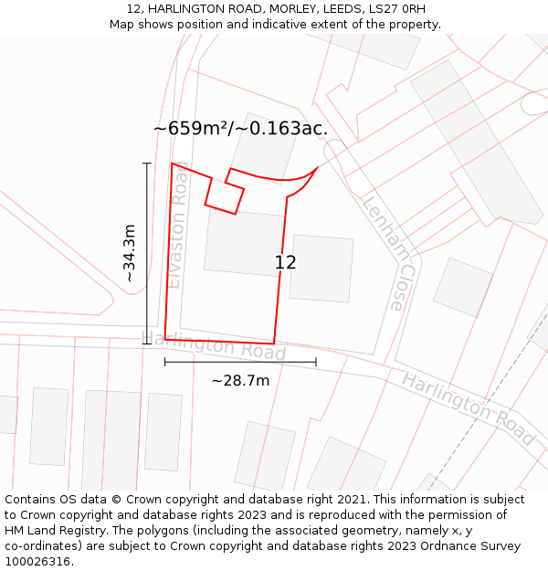 12, HARLINGTON ROAD, MORLEY, LEEDS, LS27 0RH: Plot and title map