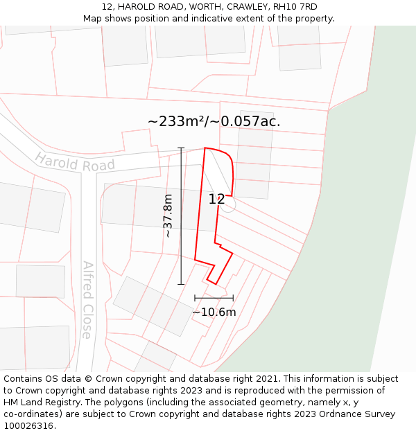 12, HAROLD ROAD, WORTH, CRAWLEY, RH10 7RD: Plot and title map