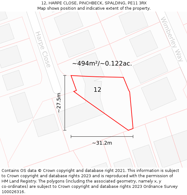 12, HARPE CLOSE, PINCHBECK, SPALDING, PE11 3RX: Plot and title map