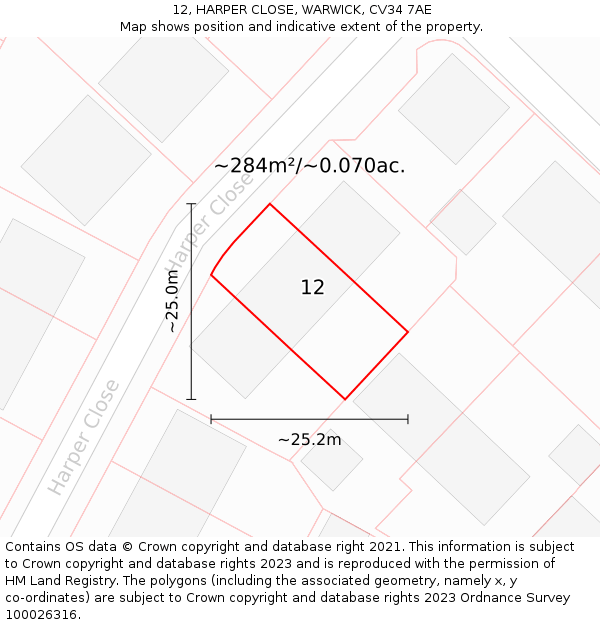 12, HARPER CLOSE, WARWICK, CV34 7AE: Plot and title map