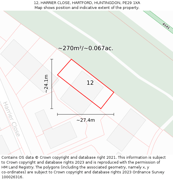 12, HARRIER CLOSE, HARTFORD, HUNTINGDON, PE29 1XA: Plot and title map