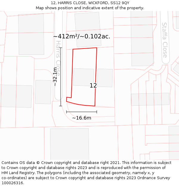 12, HARRIS CLOSE, WICKFORD, SS12 9QY: Plot and title map