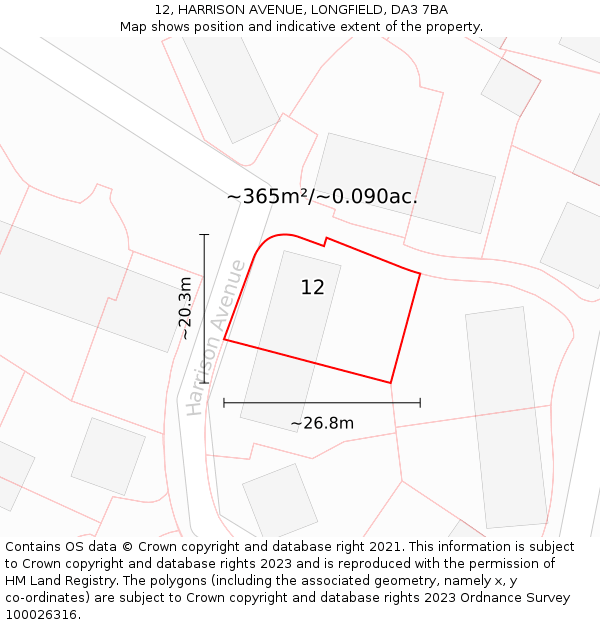 12, HARRISON AVENUE, LONGFIELD, DA3 7BA: Plot and title map