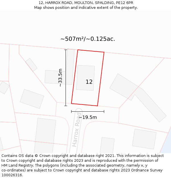 12, HARROX ROAD, MOULTON, SPALDING, PE12 6PR: Plot and title map