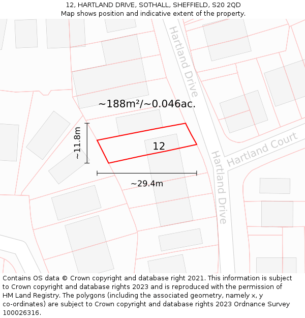 12, HARTLAND DRIVE, SOTHALL, SHEFFIELD, S20 2QD: Plot and title map