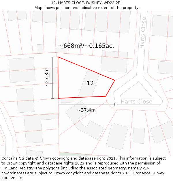12, HARTS CLOSE, BUSHEY, WD23 2BL: Plot and title map