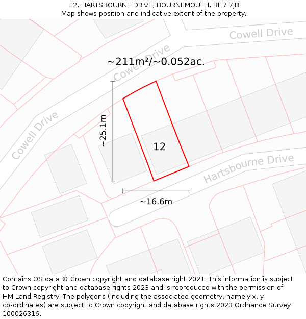 12, HARTSBOURNE DRIVE, BOURNEMOUTH, BH7 7JB: Plot and title map
