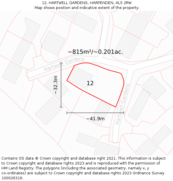 12, HARTWELL GARDENS, HARPENDEN, AL5 2RW: Plot and title map