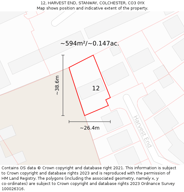 12, HARVEST END, STANWAY, COLCHESTER, CO3 0YX: Plot and title map
