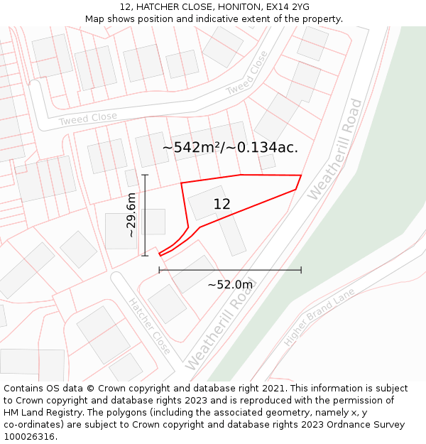 12, HATCHER CLOSE, HONITON, EX14 2YG: Plot and title map