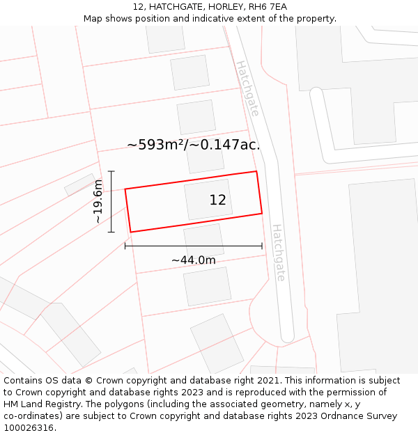 12, HATCHGATE, HORLEY, RH6 7EA: Plot and title map