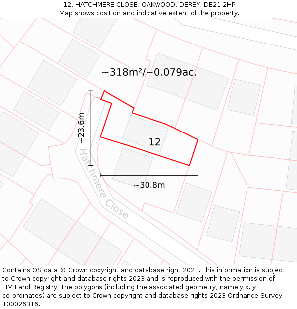 12, HATCHMERE CLOSE, OAKWOOD, DERBY, DE21 2HP: Plot and title map