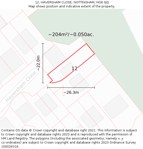 12, HAVERSHAM CLOSE, NOTTINGHAM, NG6 0JQ: Plot and title map