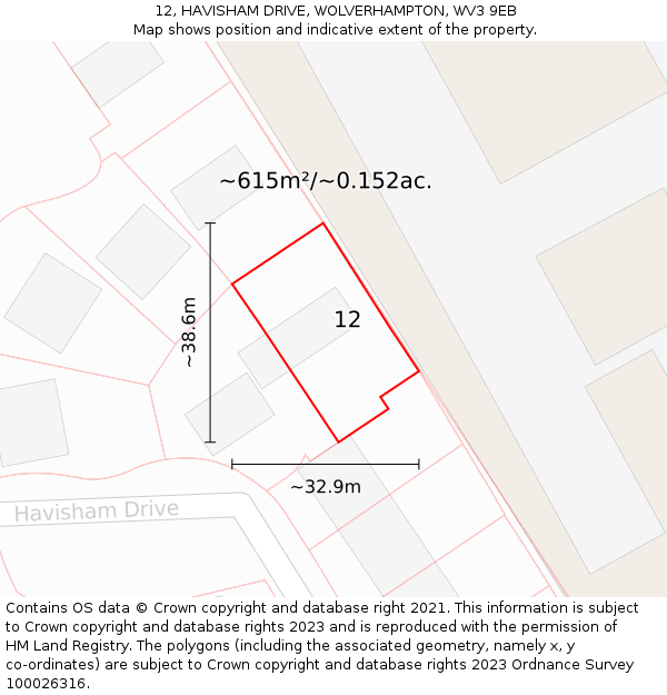 12, HAVISHAM DRIVE, WOLVERHAMPTON, WV3 9EB: Plot and title map