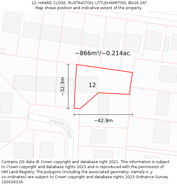 12, HAWKE CLOSE, RUSTINGTON, LITTLEHAMPTON, BN16 2AT: Plot and title map
